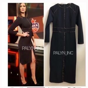 Zara Black Long Sleeve Midi Dress with Leopard Print Trim (S)